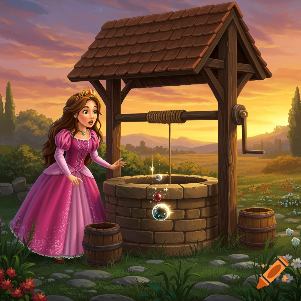 Fairytale illustration of a princess looking surprised at a ball falling into a well at sunset.