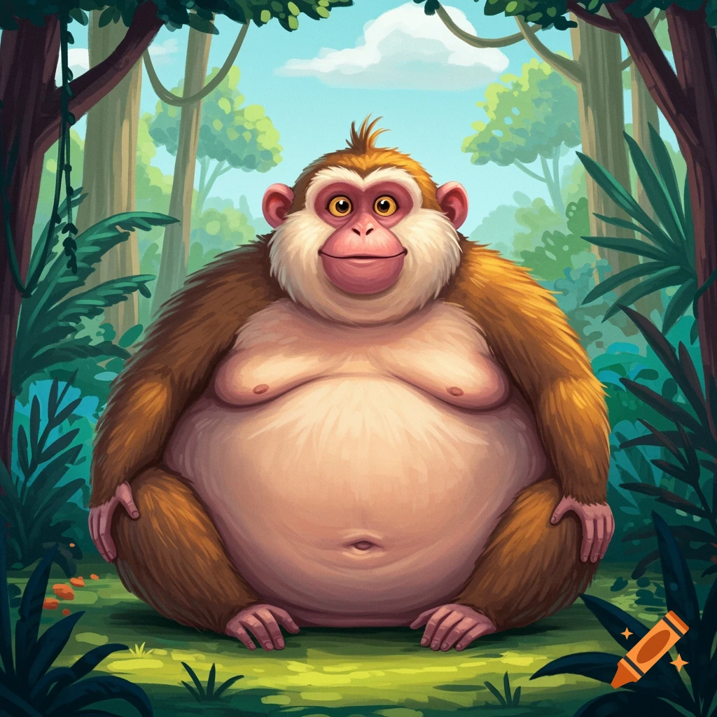Cartoonish overweight monkey sitting in a lush jungle.