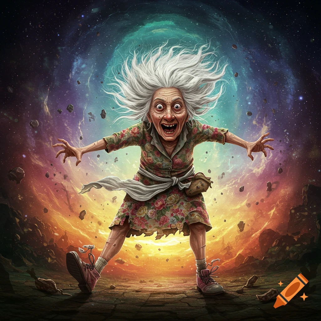 A grotesque old woman with wild white hair and a floral dress stands mid-leap with outstretched hands against a swirling space portal and scattered rocks.
