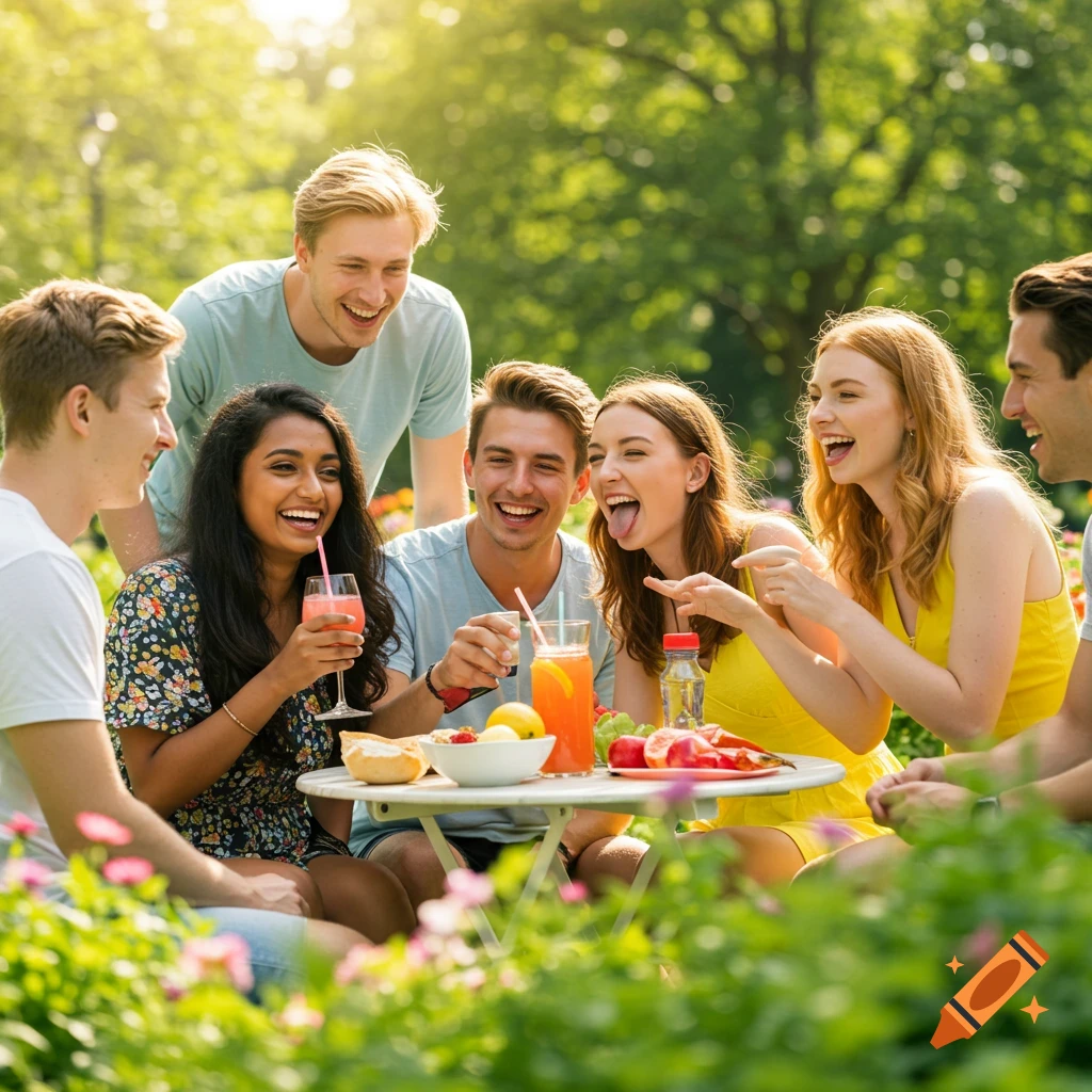 A group of multicultural friends laughing and enjoying drinks at a table in a sunny garden.