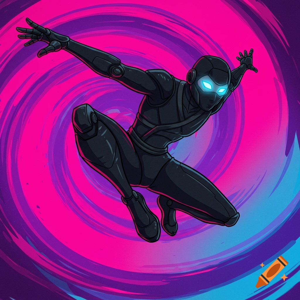 A futuristic ninja android leaps in front of a vibrant pink and purple swirl in an anime style.