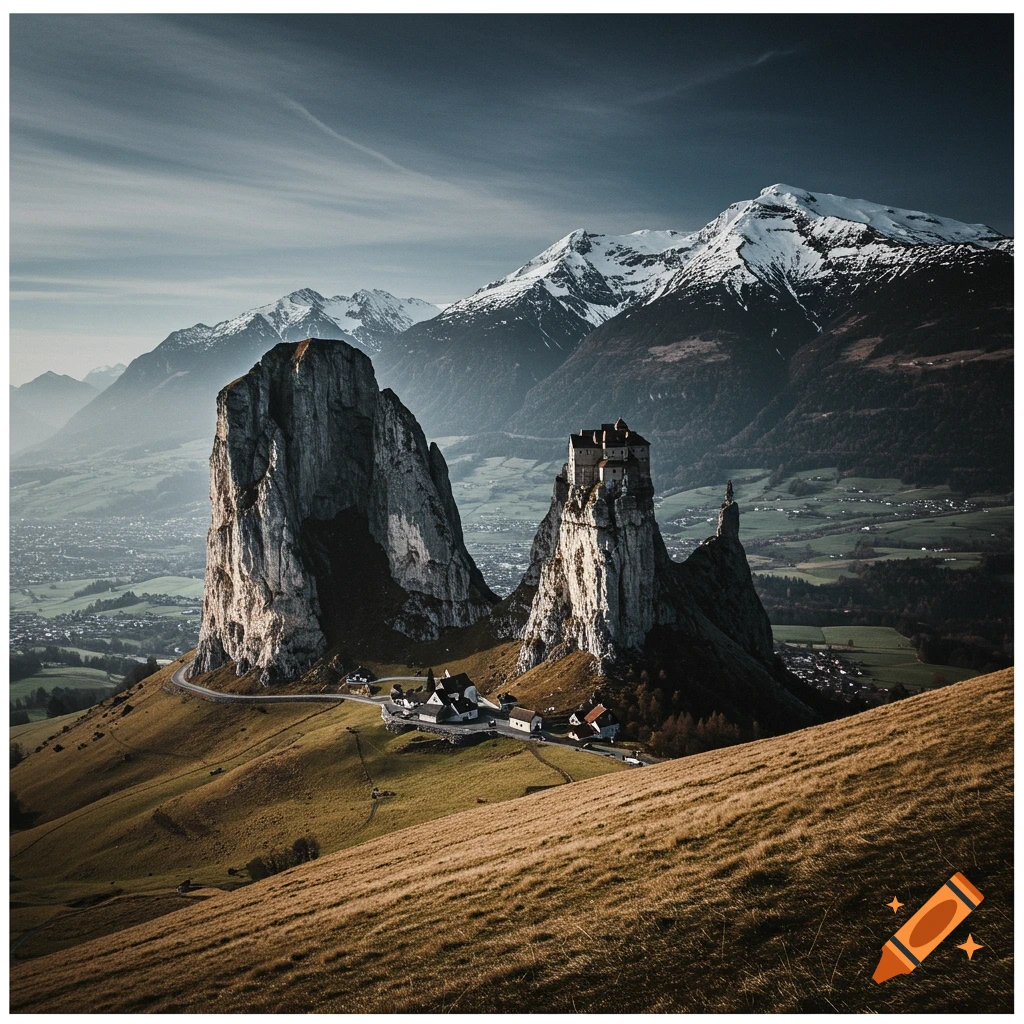 Photorealistic image of a castle atop a jagged rock formation, next to another large rock, surrounded by mountains and a valley with scattered buildings.