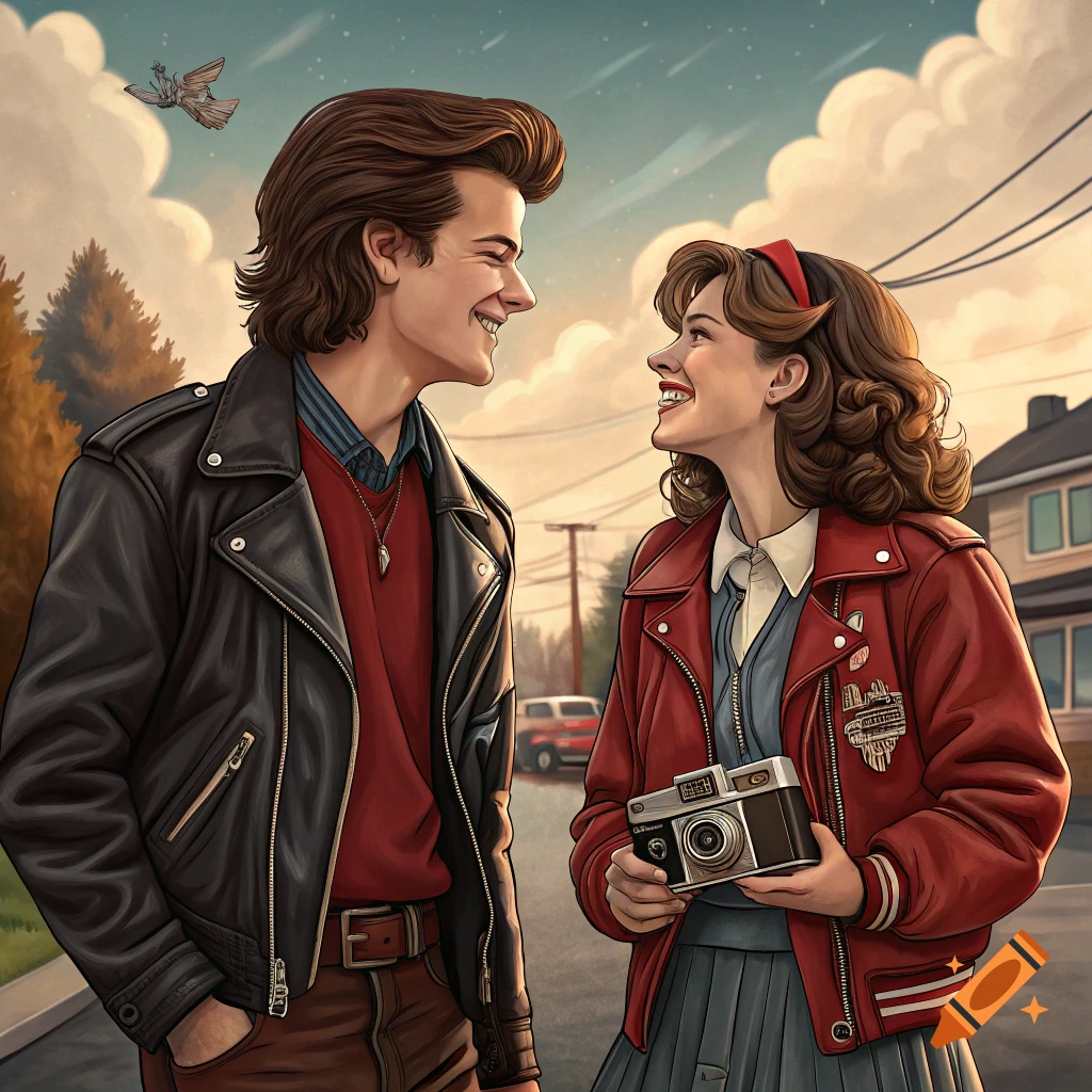 Illustration of a young man and woman in 80s style clothes smiling at each other, woman holding a camera.