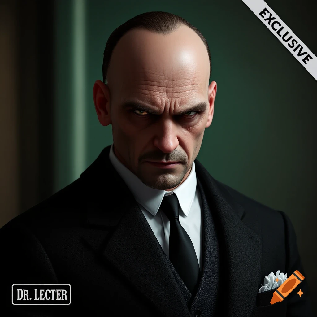 Photorealistic portrait of a stern bald man in a suit, with 'DR. LECTER' and 'EXCLUSIVE' text overlays.