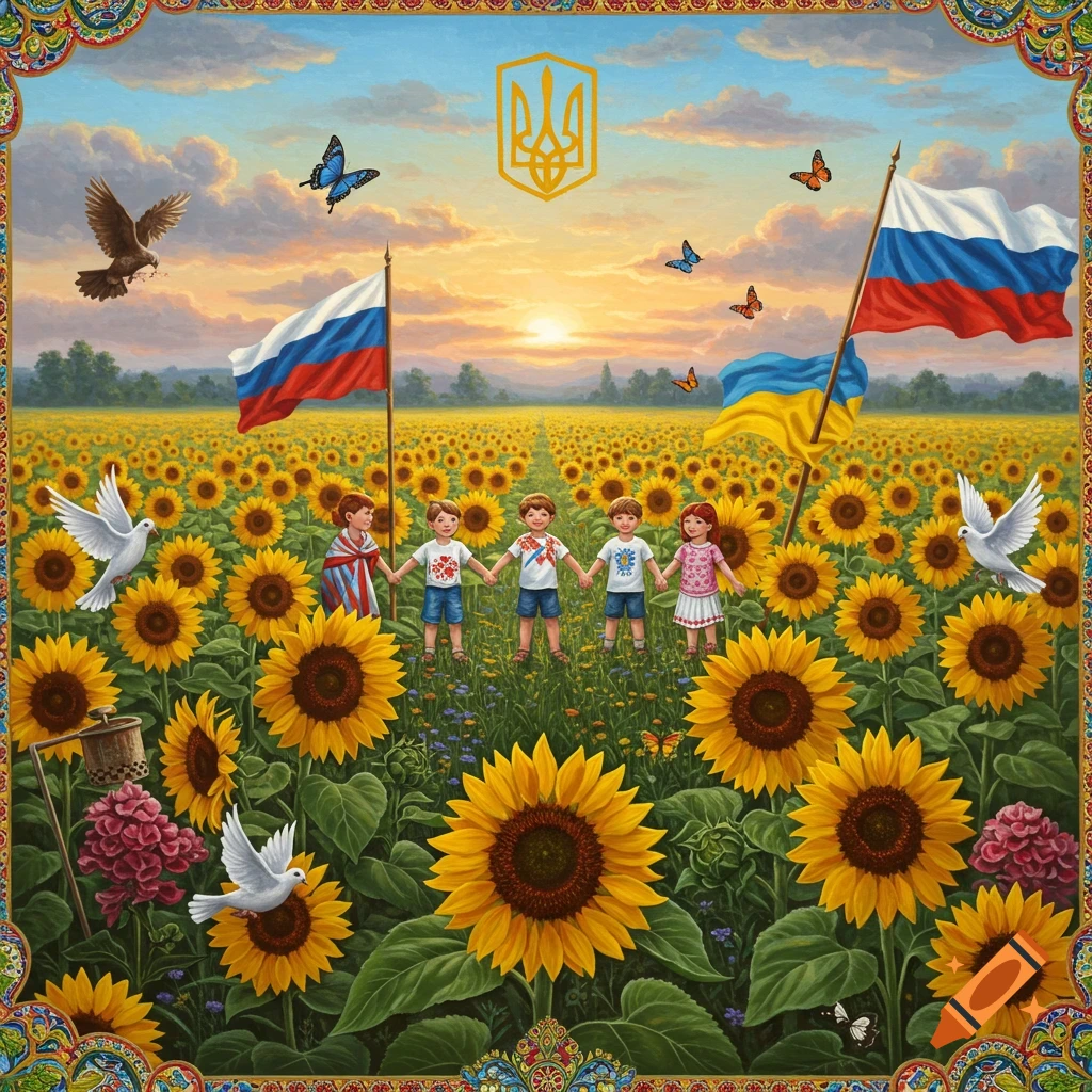 Children holding hands in a sunflower field at sunset, with Russian and Ukrainian flags, doves, butterflies, and the Ukrainian trident symbol.