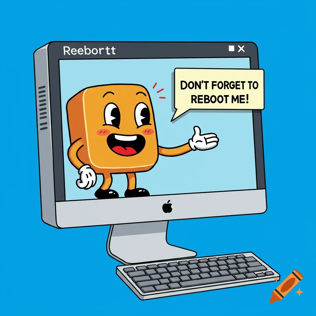 Cartoon character in a computer monitor screen with a speech bubble saying "DON'T FORGET TO REBOOT ME!"