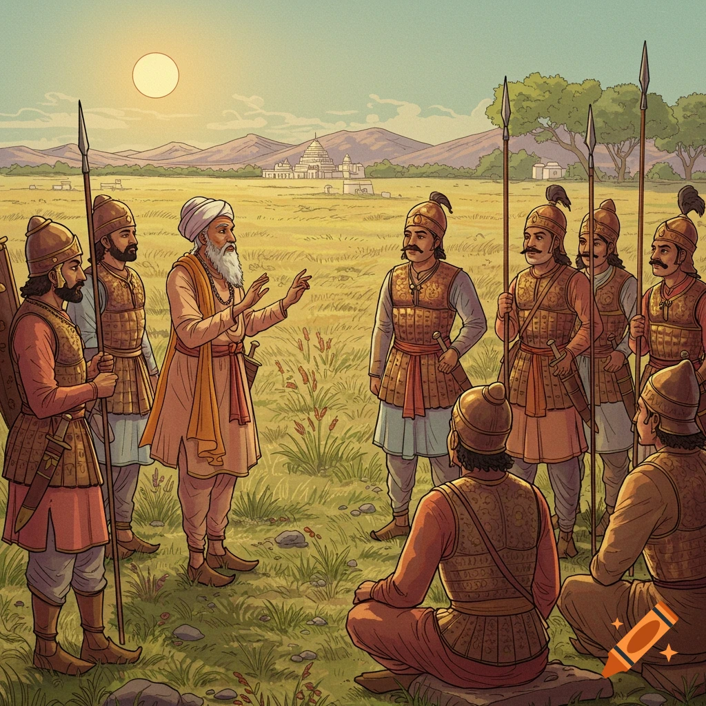 Illustration of an old man instructing ancient warriors in a field.