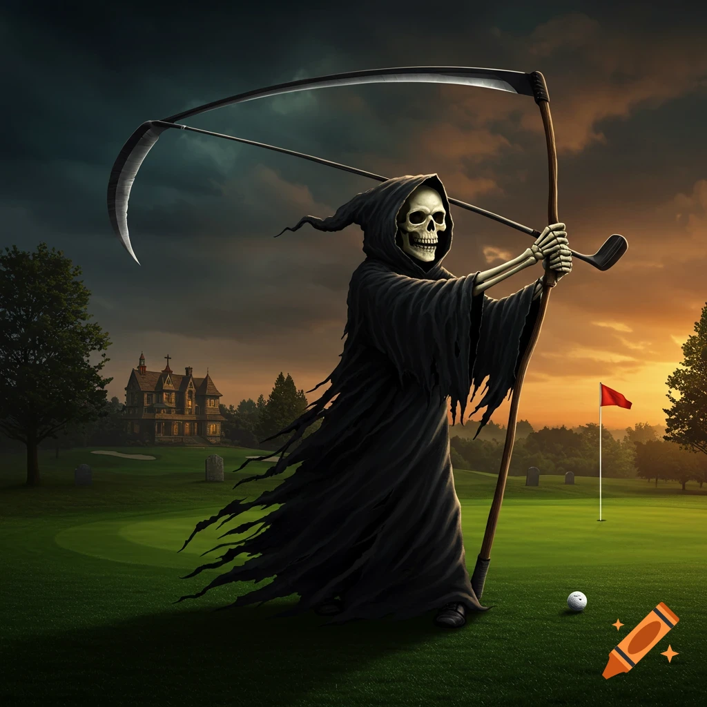The Grim Reaper enjoys a round of golf on a course where a haunted house looms in the background.
