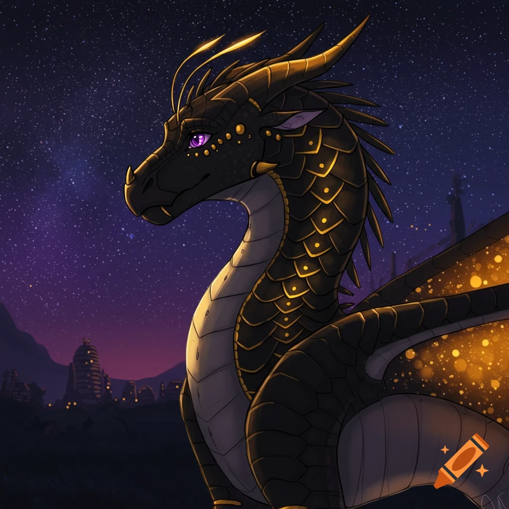 A dark dragon with gold scales and purple eyes against a starry night sky with distant city lights.