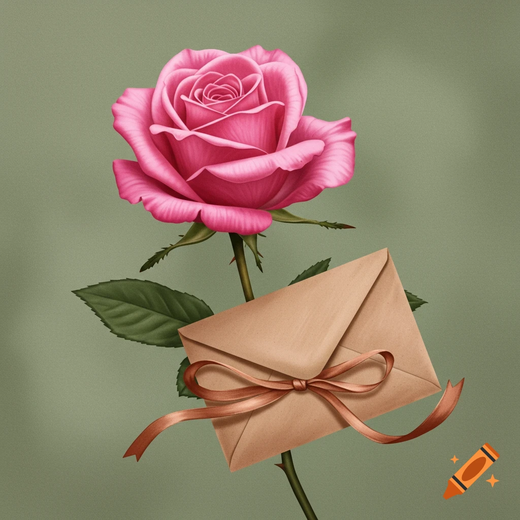 A pink rose with a brown envelope tied to its stem by a ribbon.