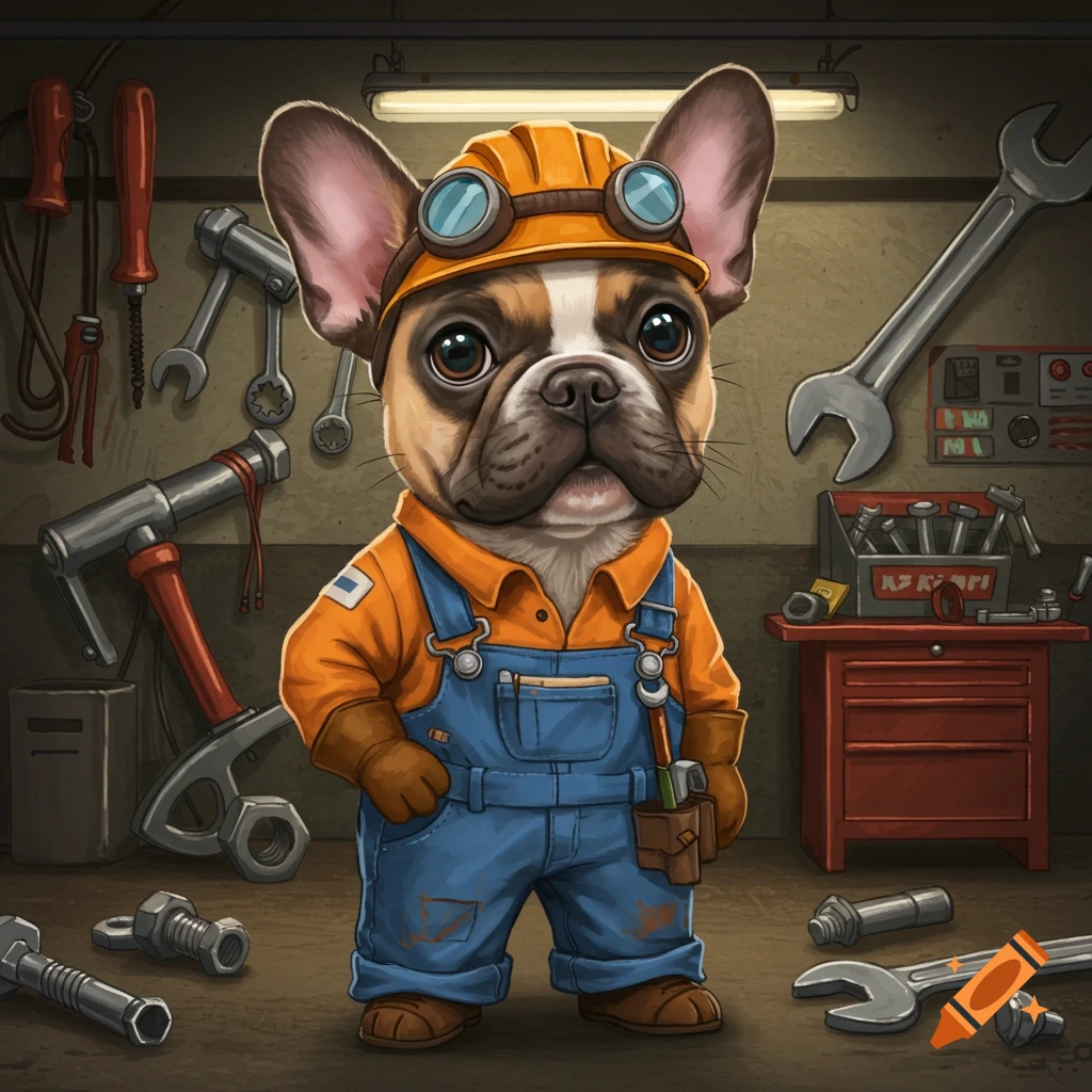 A cute French Bulldog wearing mechanic overalls, hard hat, and goggles stands in a garage filled with tools.