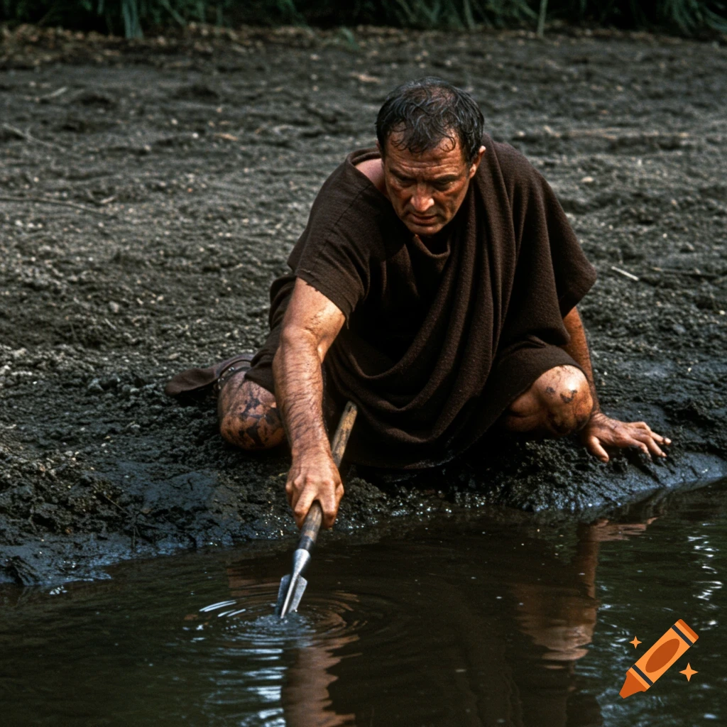 A man in a brown Roman tunic crouches by a river, dipping a spear into the water.