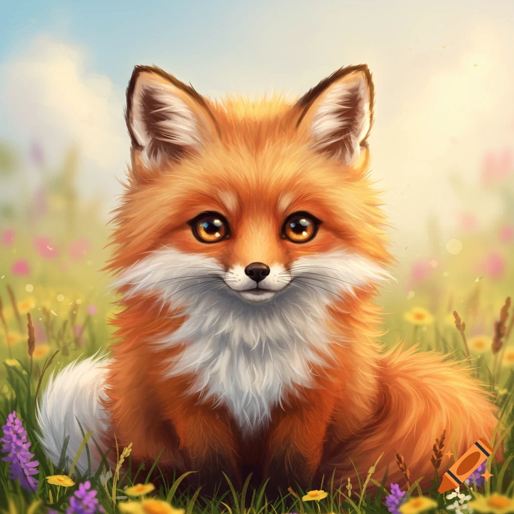 A cute fox sitting in a field of flowers.