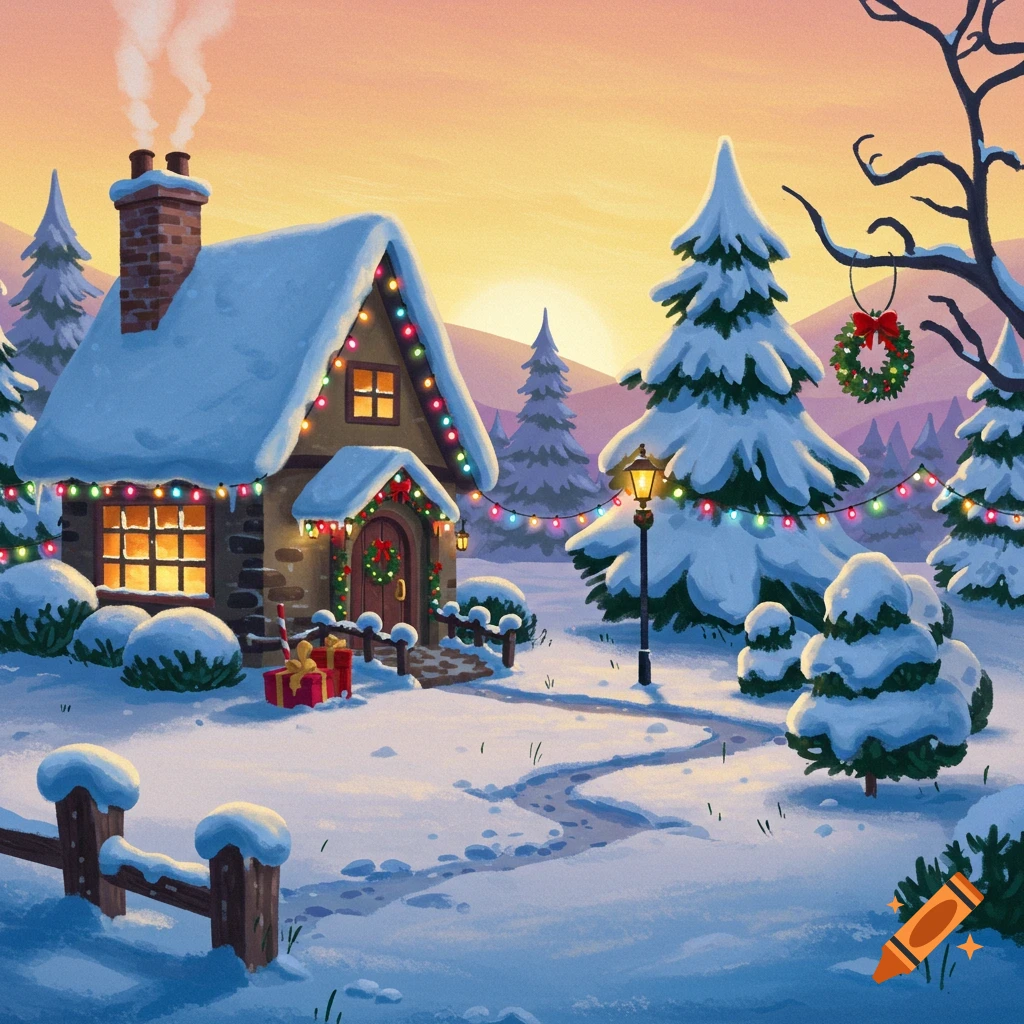 A snow-covered cottage decorated for Christmas in a winter landscape with a sunset.