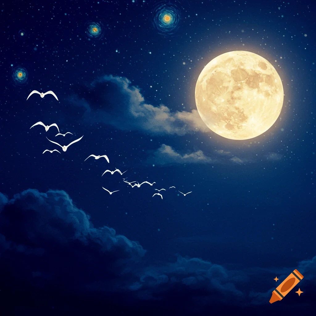 A full moon hangs in a starry night sky, partially obscured by clouds, as a flock of white birds flies across the scene.