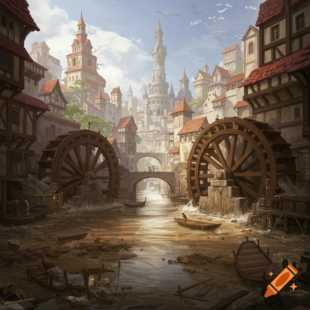 A fantasy city built along a river, featuring prominent large waterwheels.