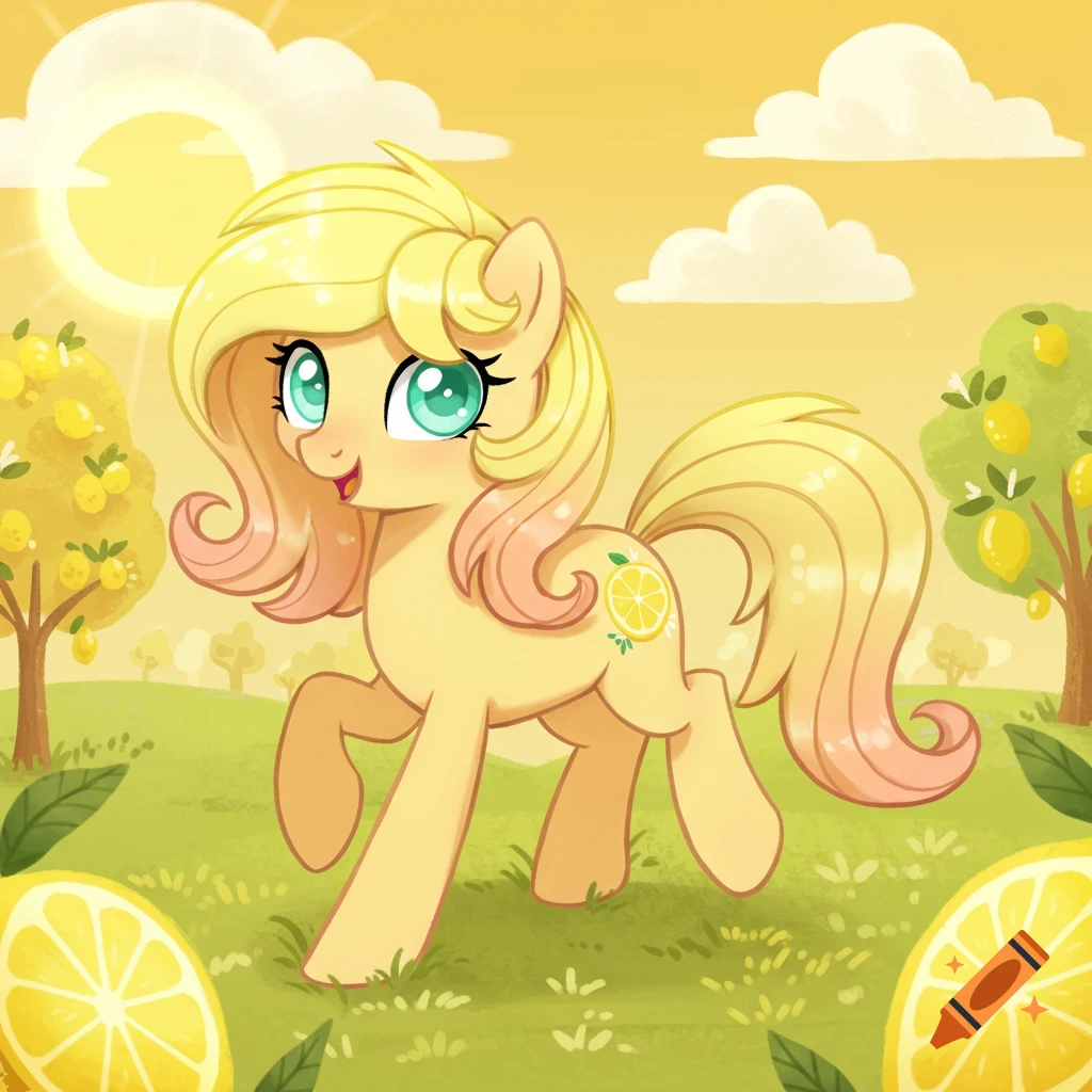 Cartoon yellow pony with pink mane in a sunny field with lemon trees.