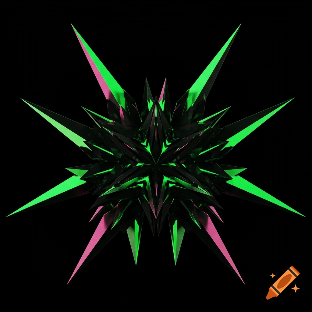 Abstract geometric star shape in black with glowing green and pink accents on black background.