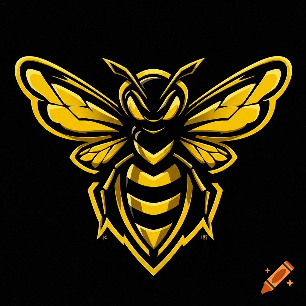 Stylized black and yellow bee logo graphic