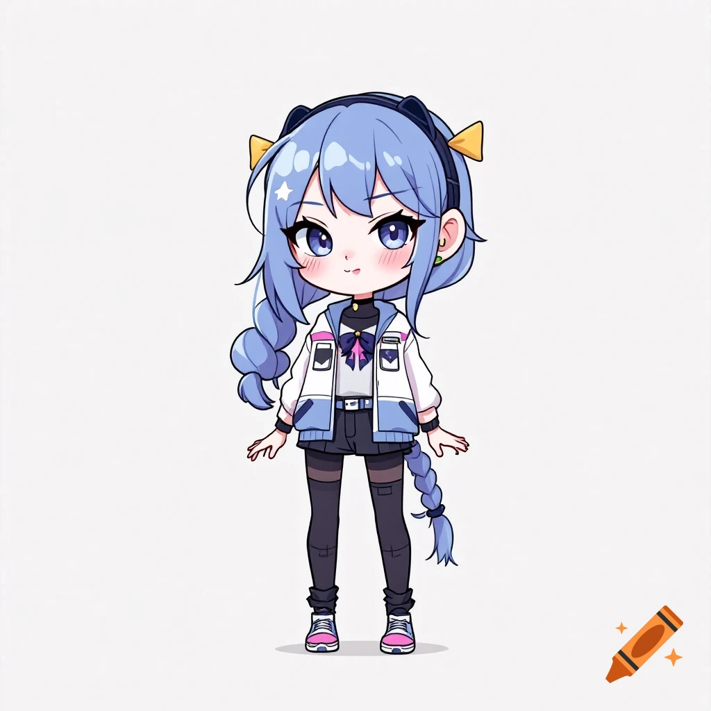 Chibi anime girl with blue hair in a white and blue jacket
