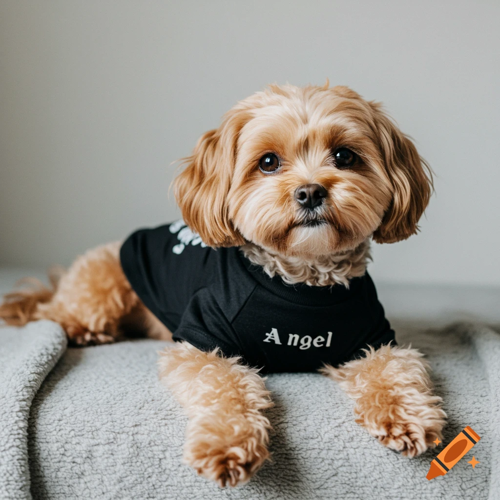 A Cavapoo Shih Tzu mix dog wears a black t-shirt that says 'Angel' while lying on a blanket.