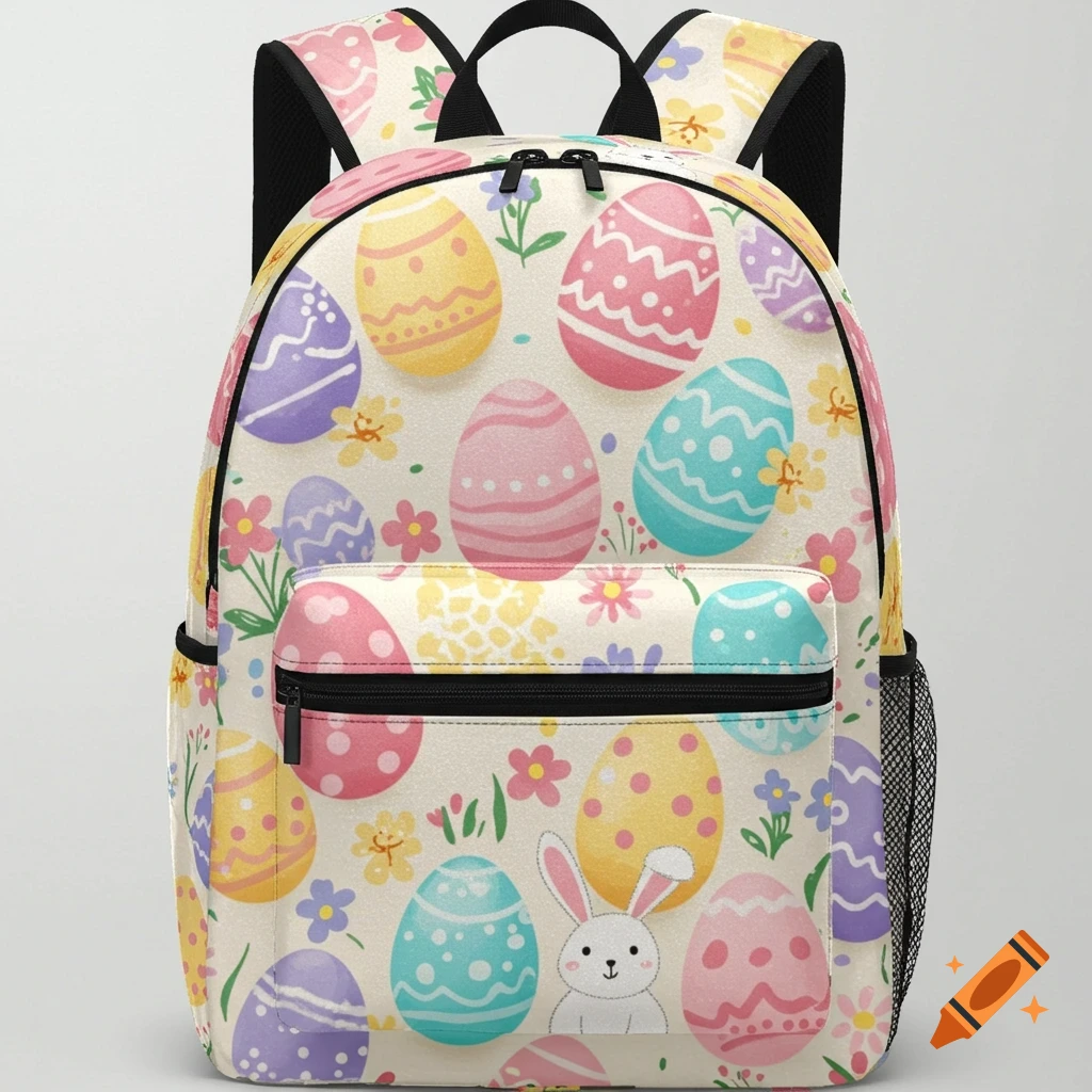 A backpack covered in a cheerful pattern of colorful Easter eggs, small flowers, and a white bunny.