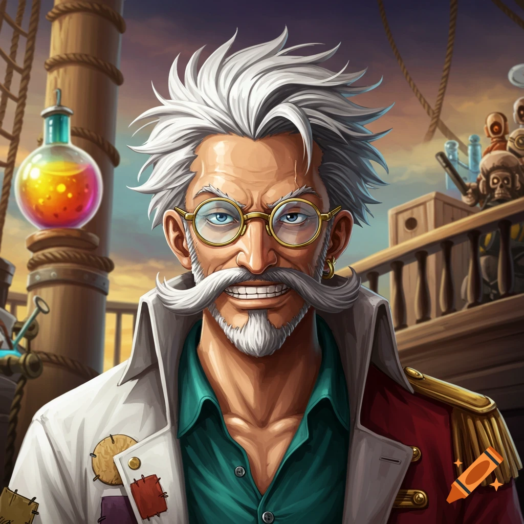 Anime character with white hair and mustache, glasses, lab coat, and red coat on a ship deck.