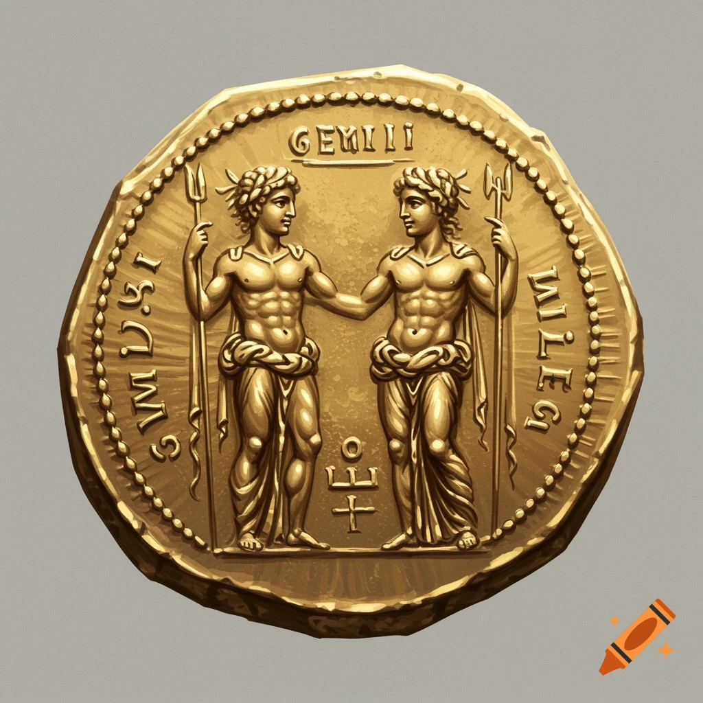 A gold ancient coin with two standing male figures and text.