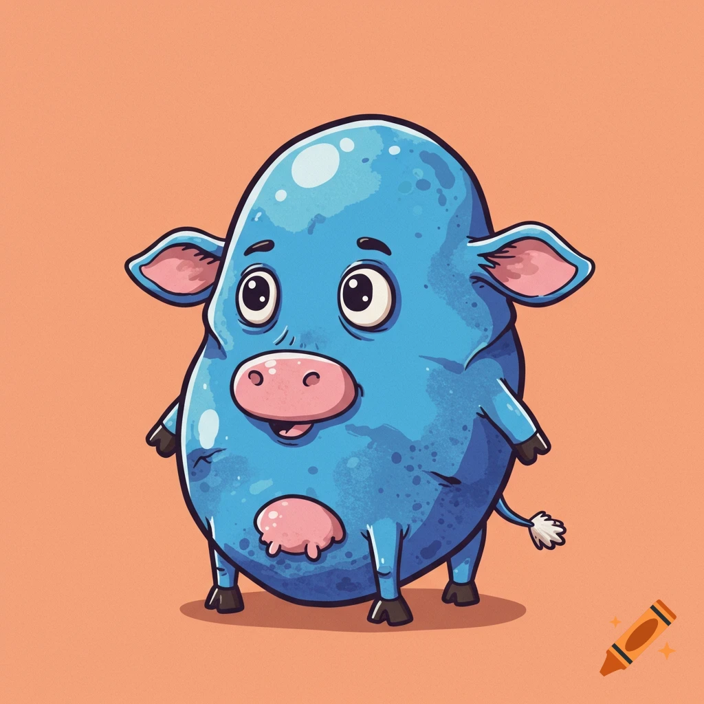 A blue cartoon creature resembling a potato with cow features stands on an orange background.
