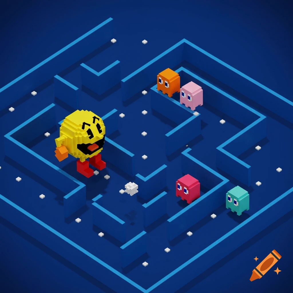 Isometric pixel art rendering of Pac-Man and ghosts in a blue maze with dots.