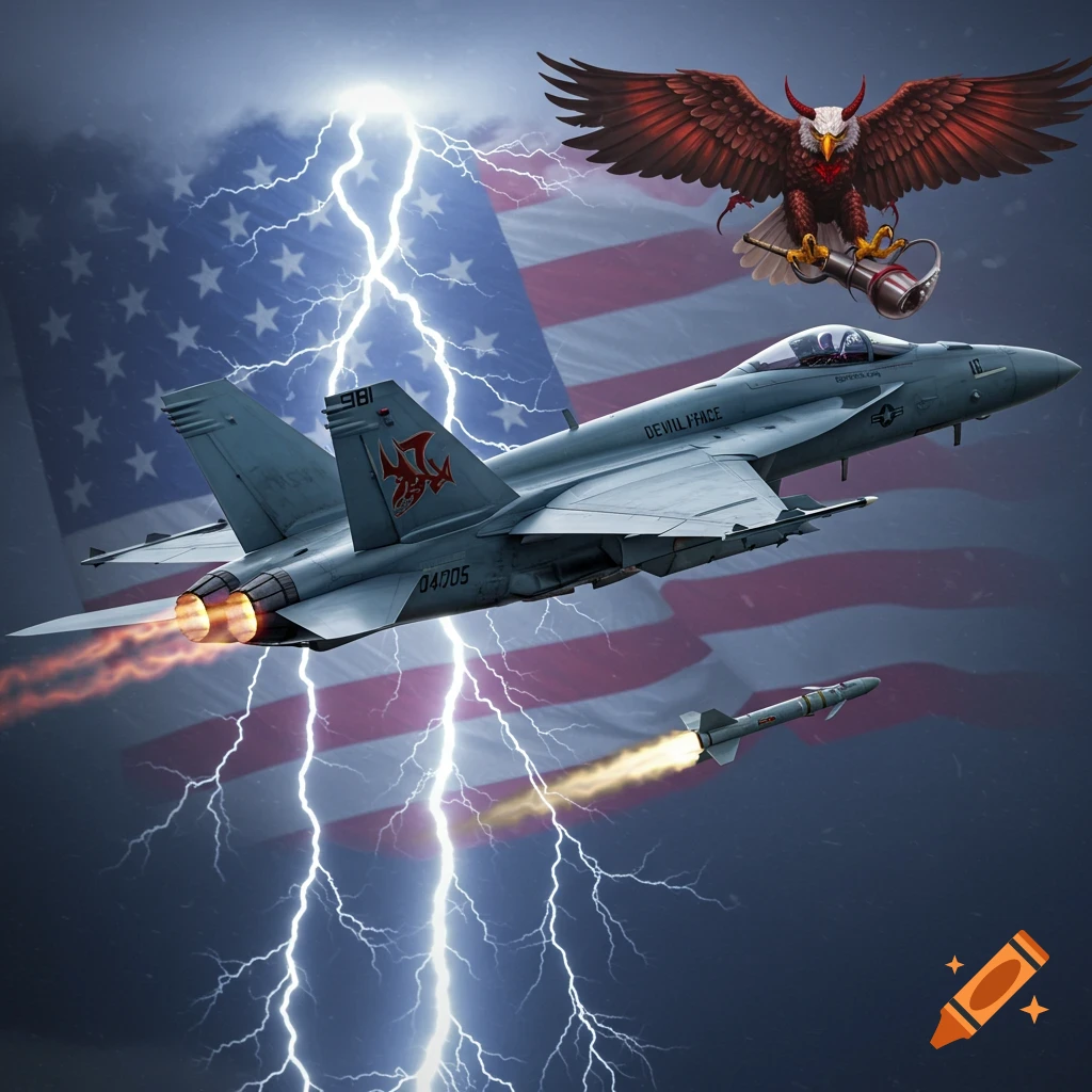 A military jet flies through a lightning storm in front of a semi-transparent US flag, with a demonic eagle carrying a vacuum tube and a missile launching below.