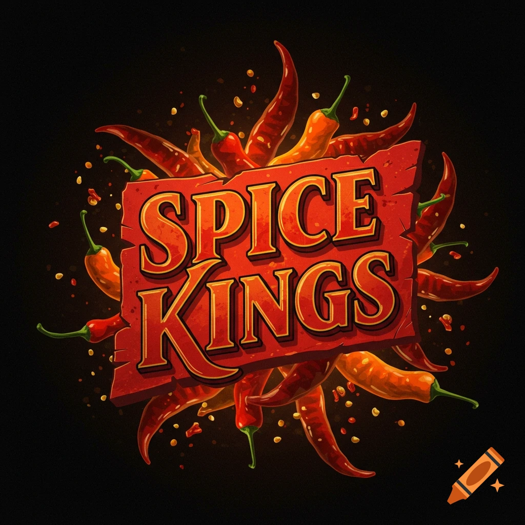 Chili peppers surrounding a red banner with the words SPICE KINGS