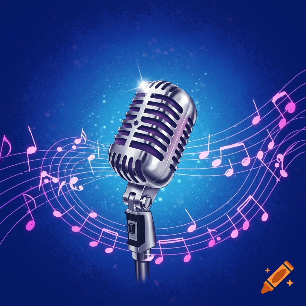 A vintage microphone and musical notes on a sparkling blue background