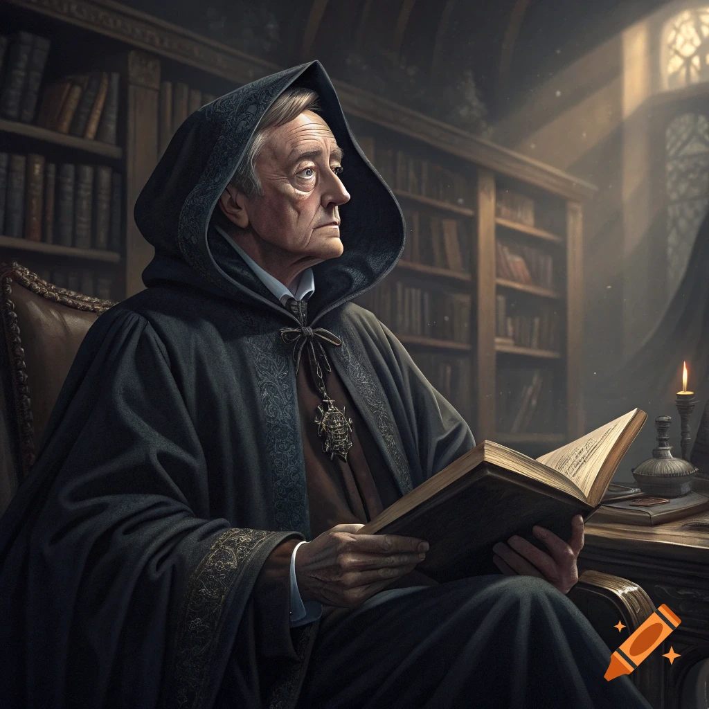 Older man in a hooded robe reads a book in a dramatic library setting.