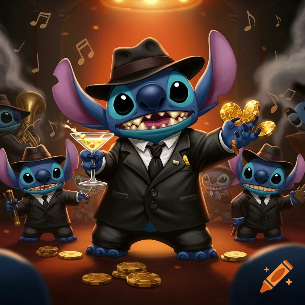 Cartoon characters in mafia suits with drinks, coins, and music notes.