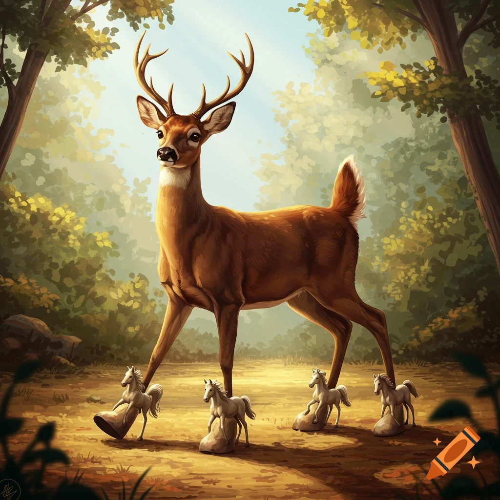 A deer stands in a forest, wearing four small horses as shoes.
