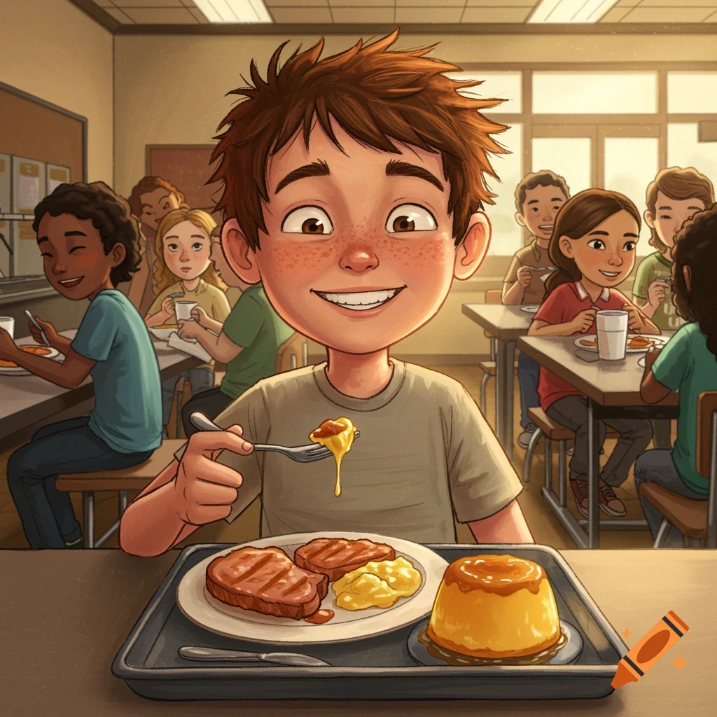 A boy with freckles happily eats lunch in a school cafeteria, cartoon style.