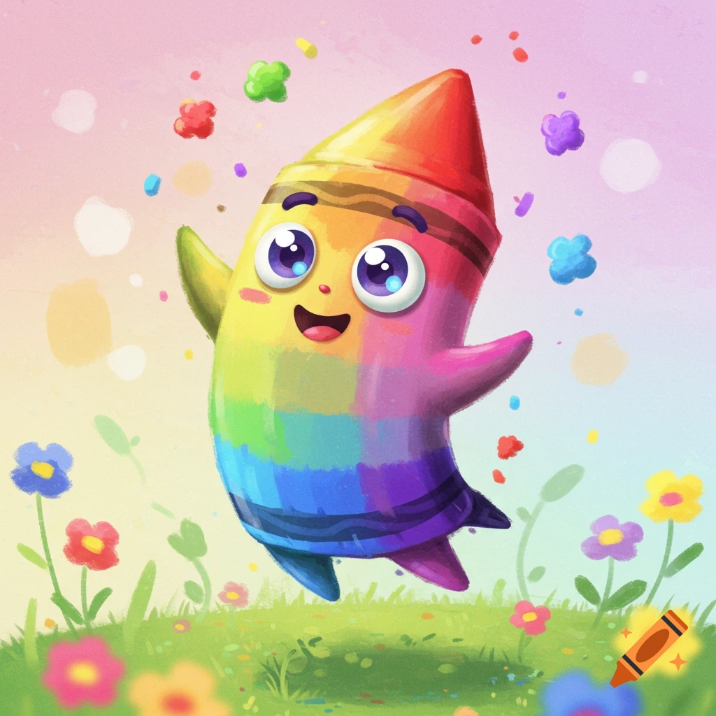 A cute, colorful cartoon crayon character jumps in a field of flowers.