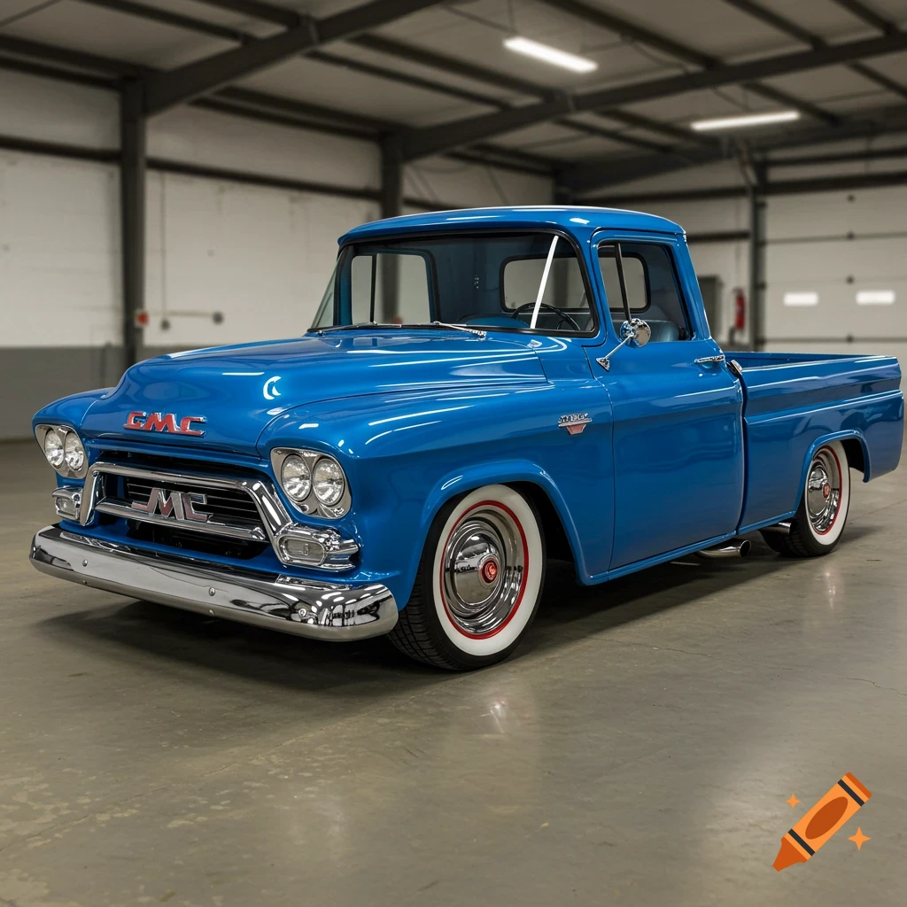 A blue classic GMC pickup truck sits in a garage.