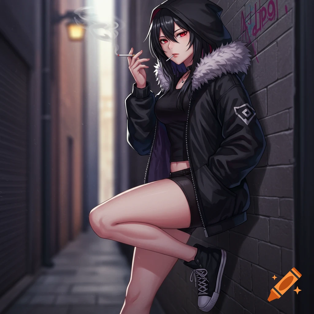 Anime woman with black hair and red eyes wearing a hoodie and shorts, leaning on a wall in an alley smoking a cigarette.