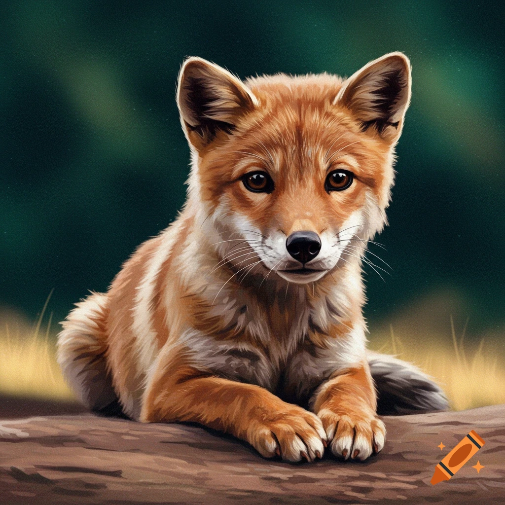 A cute fox cub sitting on a log.