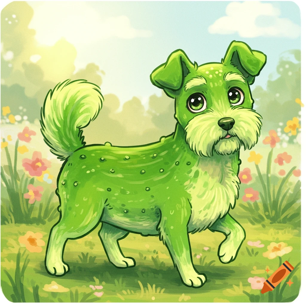 A green dog with a cucumber texture walks through a field of flowers.