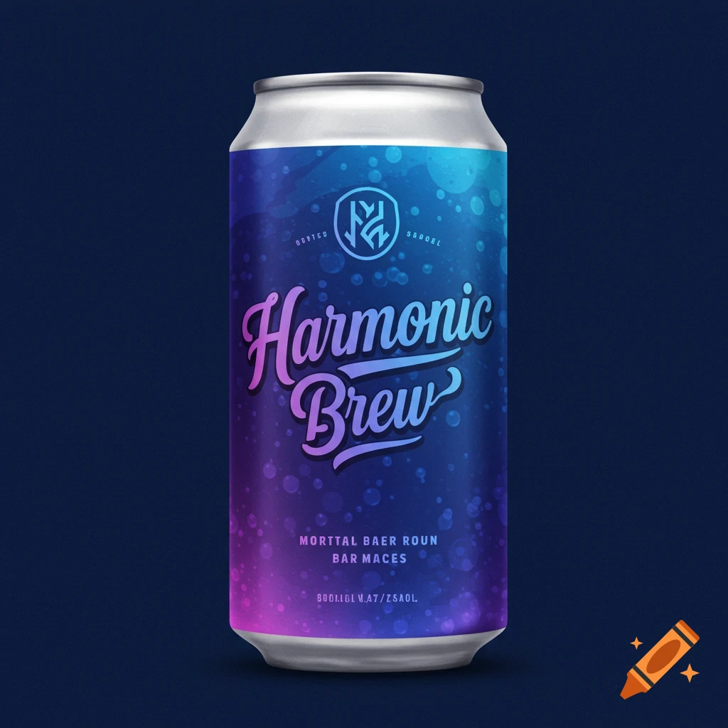 A beer can with a blue and purple gradient and 'Harmonic Brew' text.