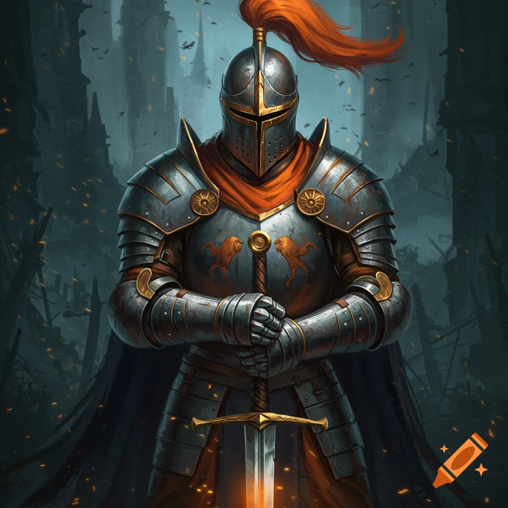 A knight in ornate armor holds a sword against a ruined background.