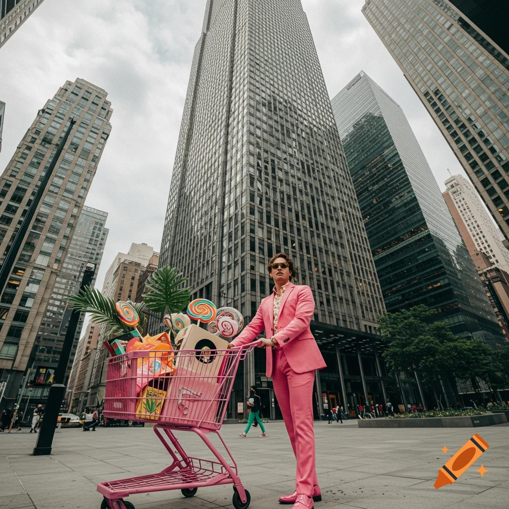 A person in a bright pink suit pushes a pink shopping cart overflowing with large lollipops and packages on a city street, with skyscrapers in the background.