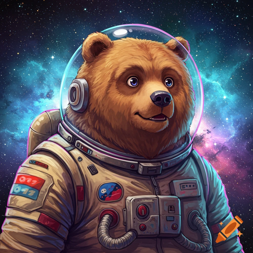 A bear wearing an astronaut space suit floating in a colorful galaxy background.