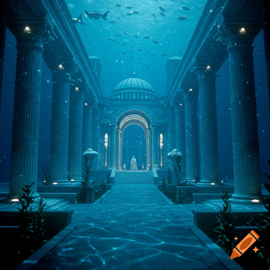 Underwater temple ruins with columns, dome, figure on steps, and fish swimming above.