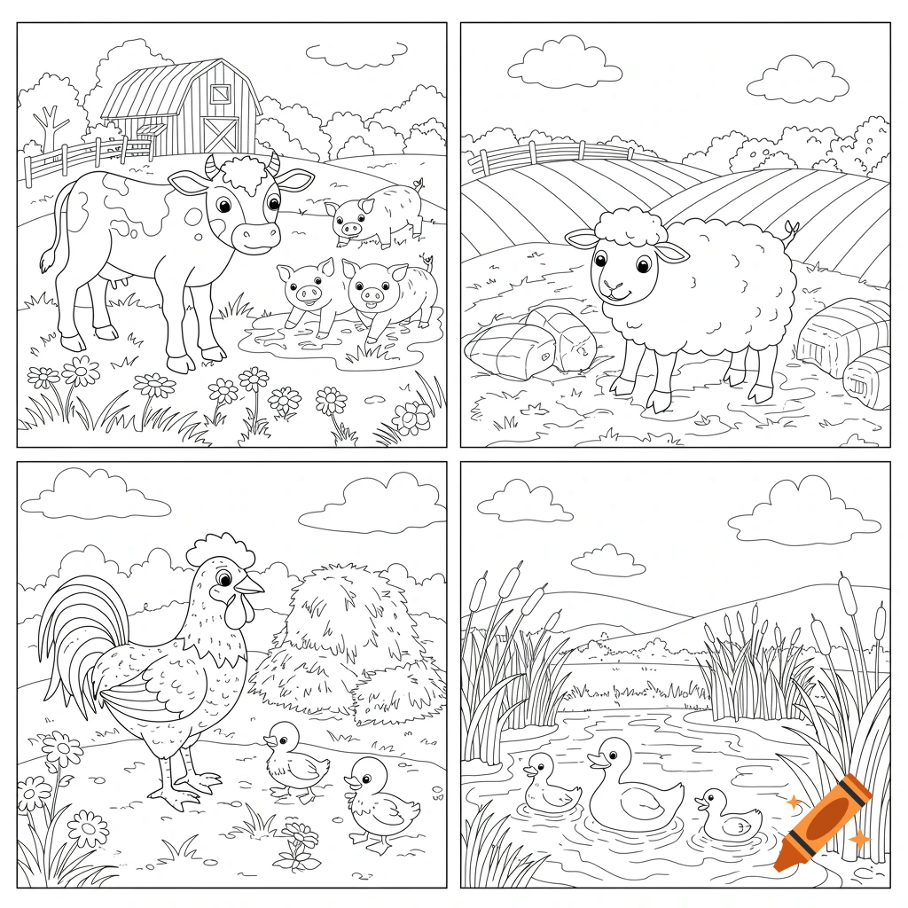 Black and white illustration panels for a coloring book featuring farm animals like cows, pigs, sheep, chickens, and ducks.