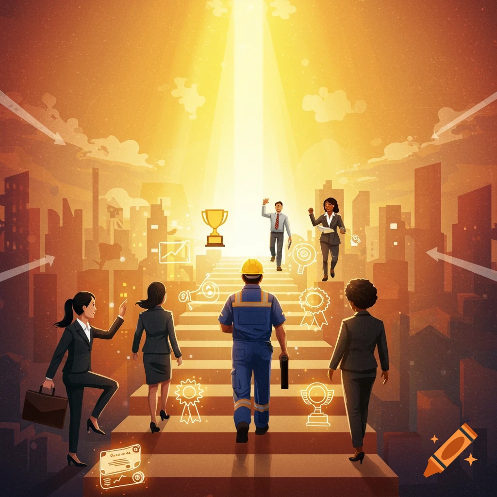 Diverse professionals and a construction worker climbing stairs towards a trophy and light beam in a city, symbolizing career advancement.