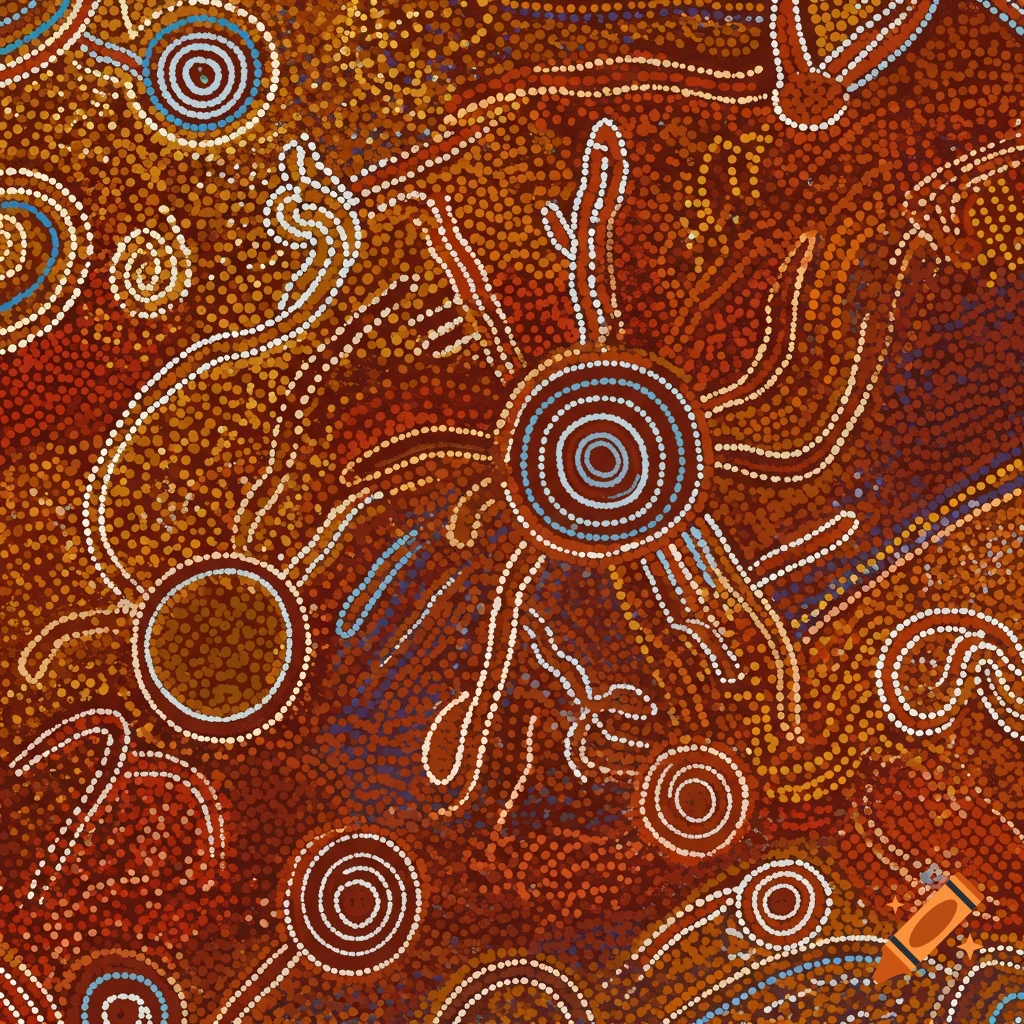 In the style of Indigenous Australian dot painting with concentric circles, lines, and patterns in red, brown, white, orange, and blue.